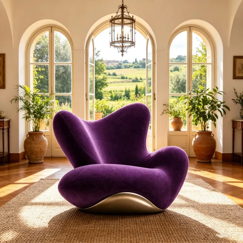 Luxury modern purple velvet wooden frame decorative chair, irregular organic single chair, suitable for villa living room lobby