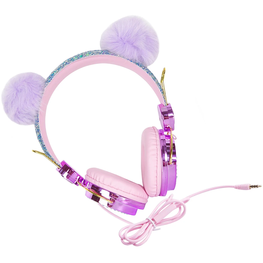 Headset Rhinestone Glitter Ball Long Cable Adjustable Headband Headphones Over Ear for Travel School