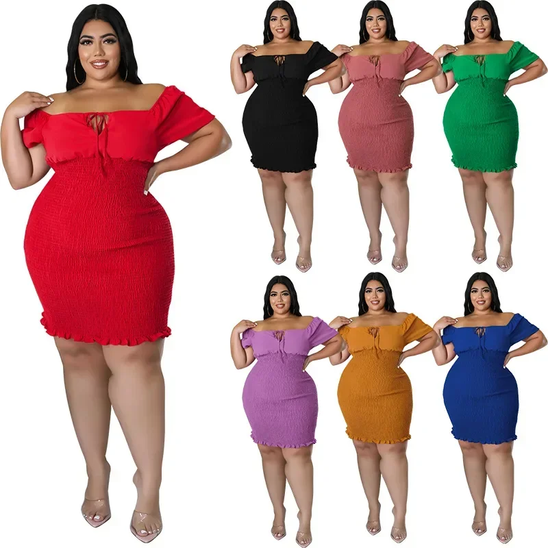 MY978- European and American plus size women's clothing 2025 summer new product, one collar hip hugging dress, chubby MM