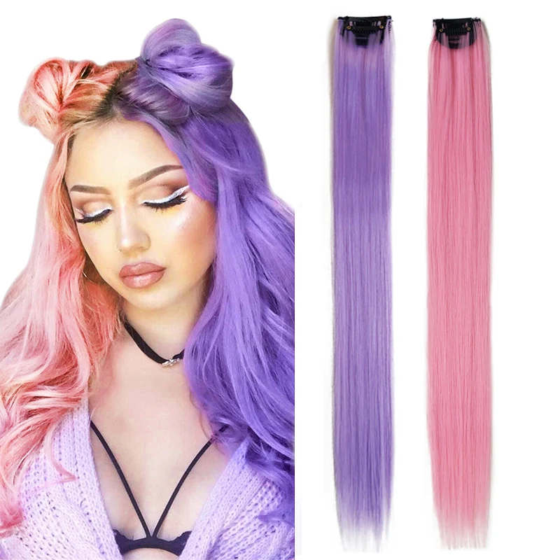 Colored Hair Extensions Multi-Color Party Highlights Clip in Synthetic Straight Hairpieces for Girls Women Kids Hairpieces