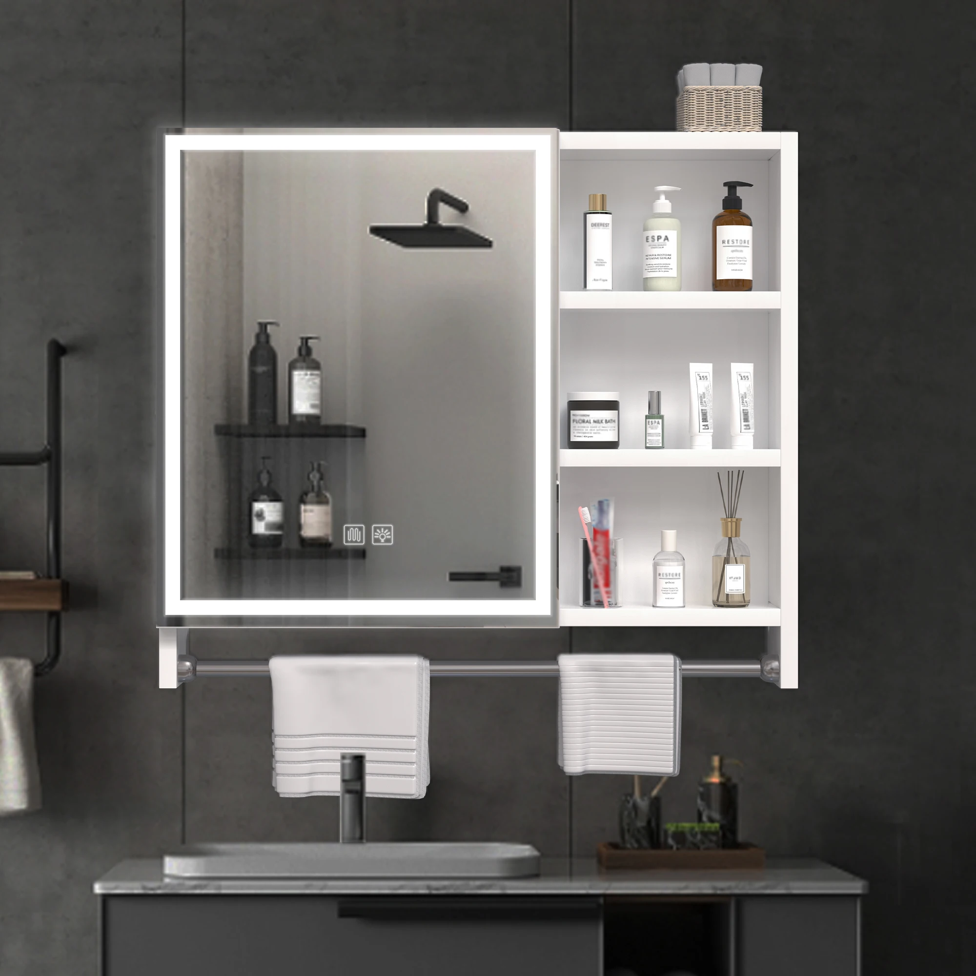 32x28-inch Bathroom Cabinet, Bathroom Lockers with Mirror and LED Lights, Multi-Tier Storage Compartments and Towel Racks