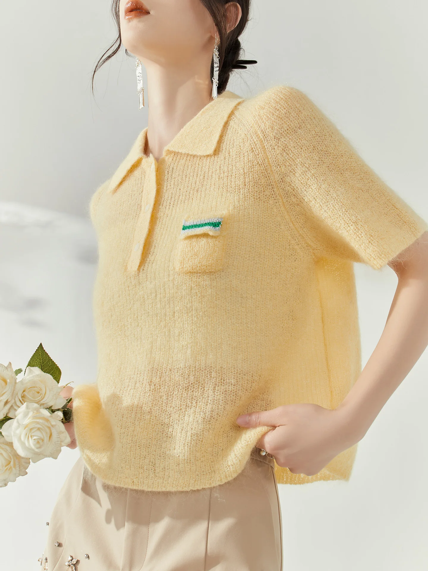 

Women's Knitted Ne Sweater Summer Thin Loose Slimming ort Sve Overhead Yellow Soft Polyester Fiber Commute Sle