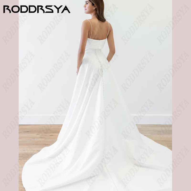 RODDRSYA Spaghetti Straps A-Line Wedding Dress For Women Pearl Sleeveless Backless Bridal Party Square Collar Satin Bride Gowns