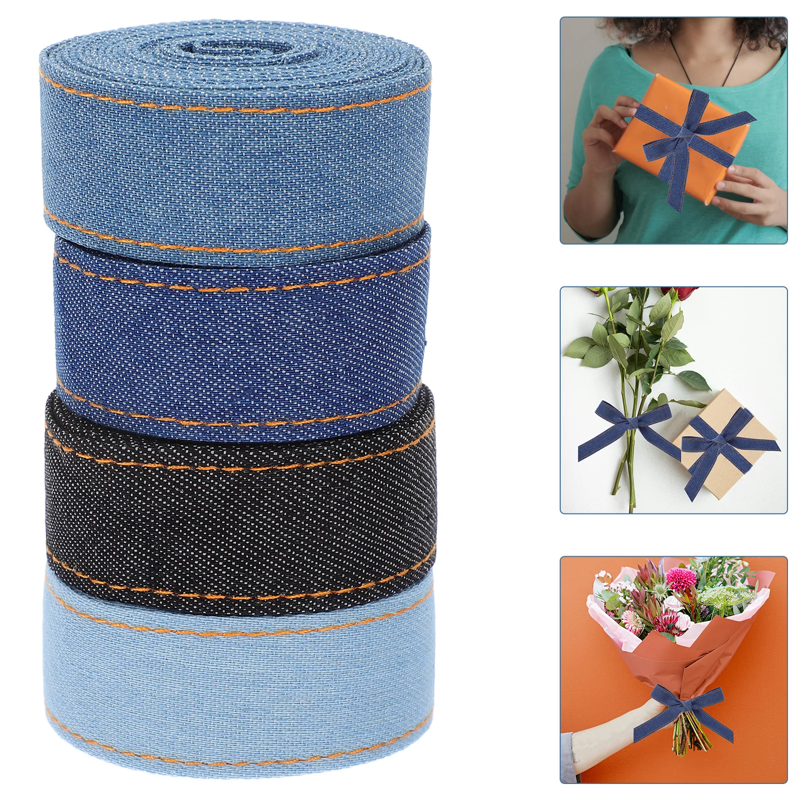 

4 Rolls Denim Fabric Ribbon Multi-Use for Sewing Crafts Bowknot Packaging Ribbon Decoration DIY Material