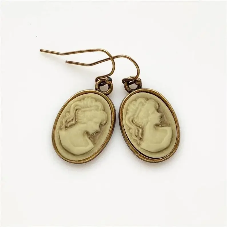 Vintage Steampunk Lady Cameo Cabochon Silver and Bronze Jewelry Pendant Earrings