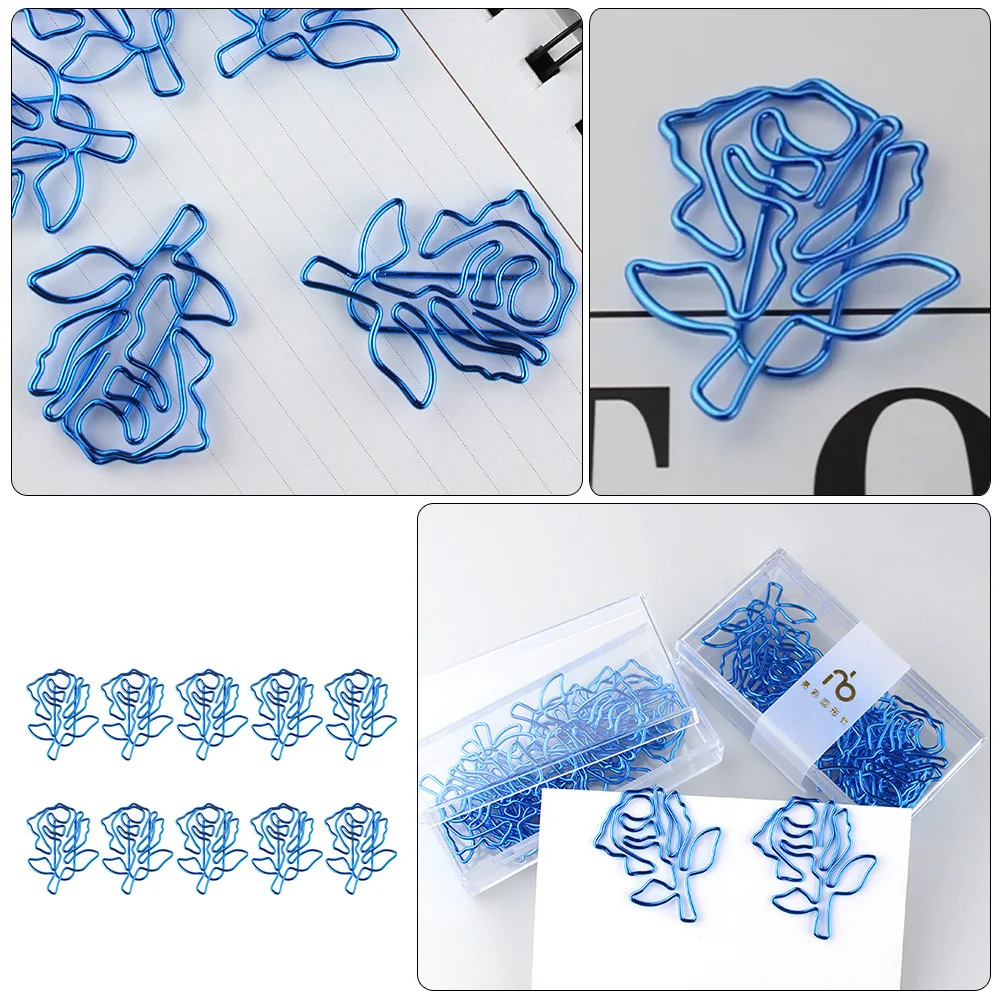 

10Pcs Exquisite Rose Clips Blue Flower Design Paperclips for Office School Stationery Organization Folders Documents Notebooks