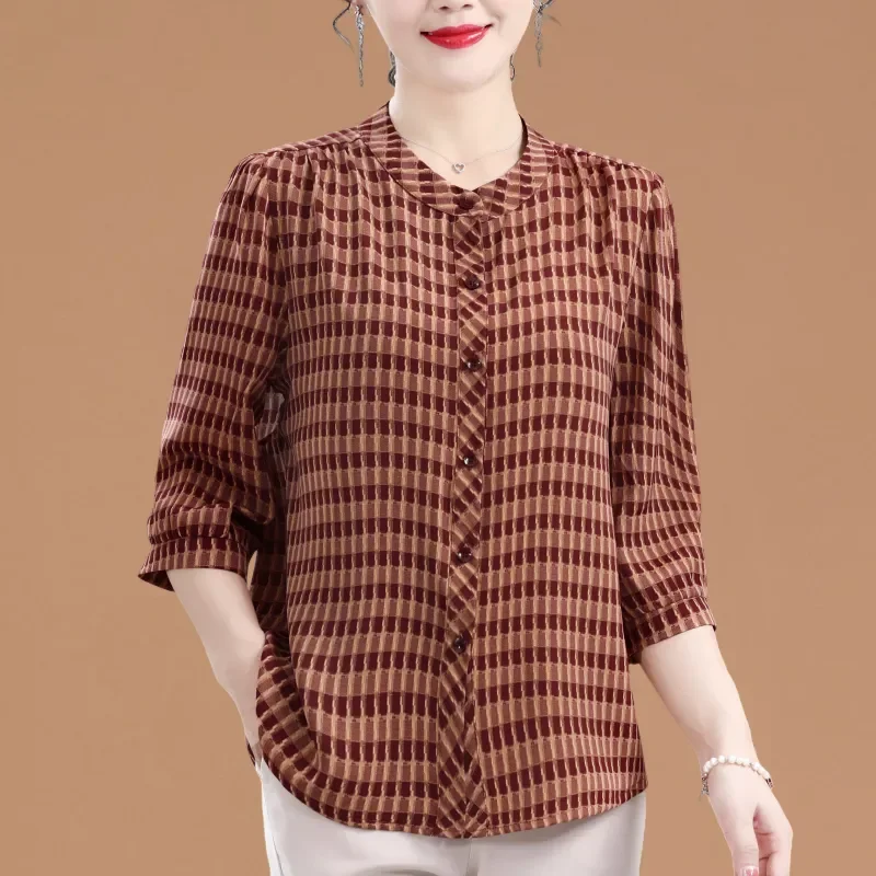 

Women's Plaid Button Down Shirt Stand Collar 3/4 Sleeve Casual Summer Blouse