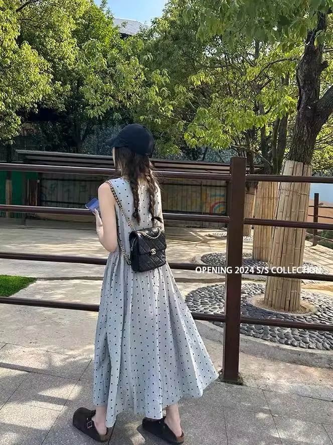 Abito estivo senza maniche a pois Abito da donna Pausa tè Eleganza francese Abito lungo sottile Abito in lino di cotone con vita impero N781