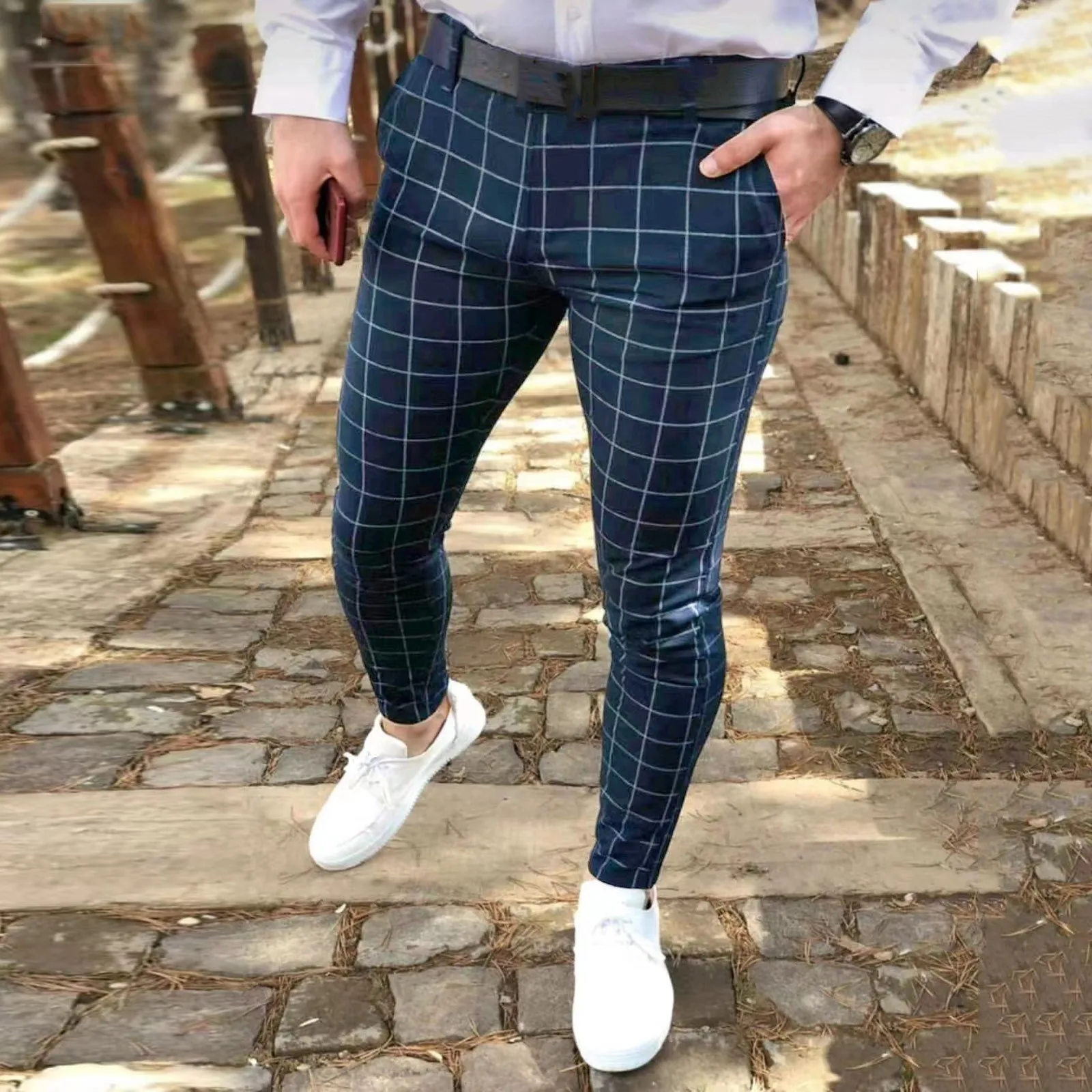 Calça casual xadrez justa masculina, versão coreana, de rua, adolescentes, masculino, alta qualidade, terno formal, quatro estações