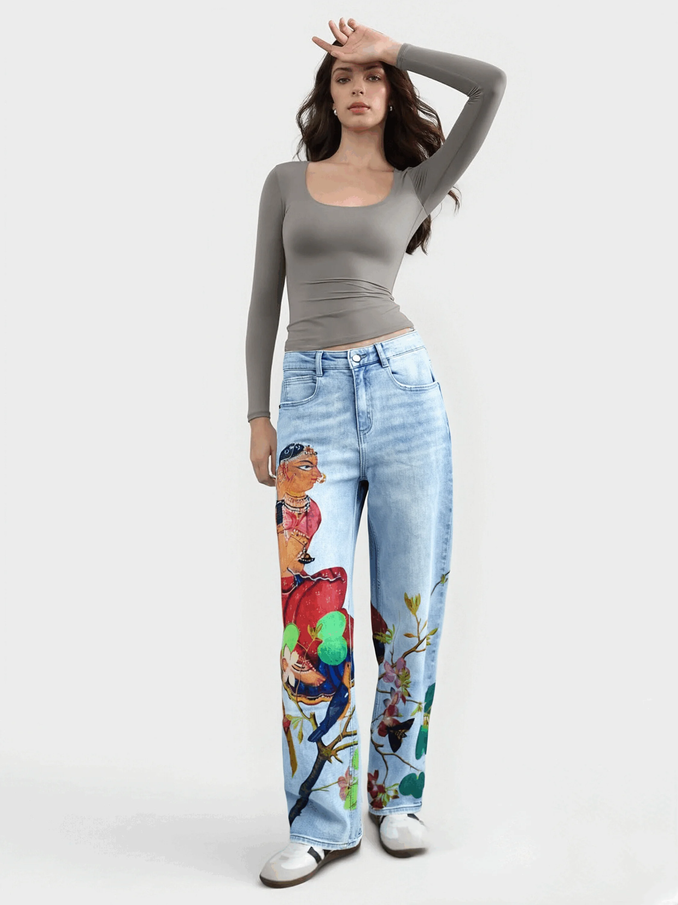 European and American original Spanish women's casual jeans with contrasting print and slight stretch cropped pants