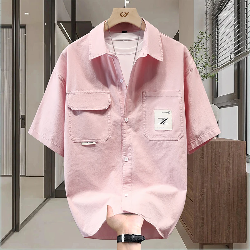 

Pure Cotton Short Sleeve Workwear Shirt Men Summer Stylish Half Sleeve Shirt Youth Fashionable Pink Trendy Button up Casual S...