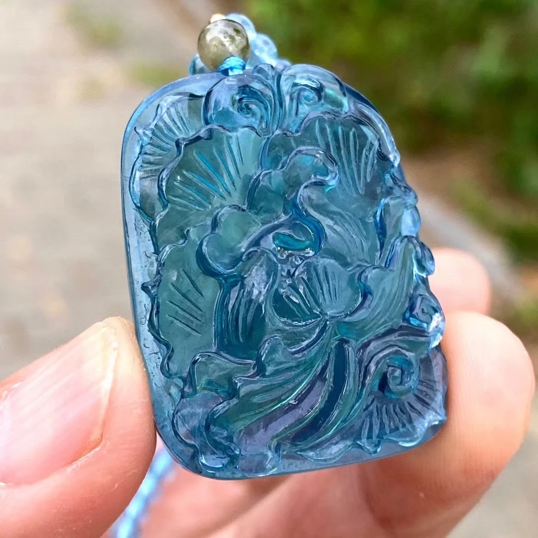 Natural Blue Aquamarine Quartz Pendant Brazil 37*27*9mm Flower Women Men Water Dragon Aquamarine Deep Blue Necklace AAAAA