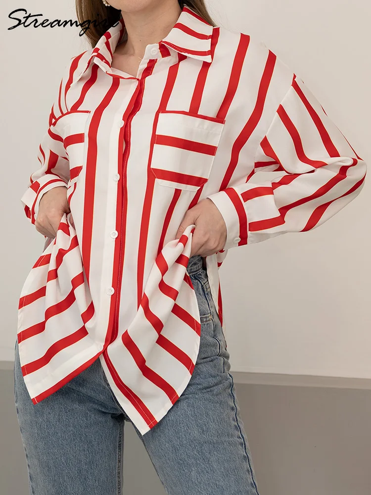 Streamgirl Green Striped Shirt For Women Oversize Blouses Long Sleeve Black Stripe Elegant Long Shirts Loose Top For Women 2024