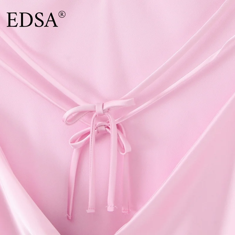 فستان EDSA نسائي متوسط الطول من الساتان الوردي مع أشرطة رسن رفيعة ورقبة على شكل حرف V وخصر عالٍ بدون ظهر للصيف للحفلات الطويلة