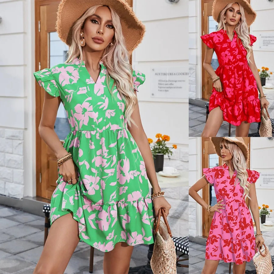 

【New style】Spring and summer new women's dress with ruffled sleeves loose V-neck printed dress