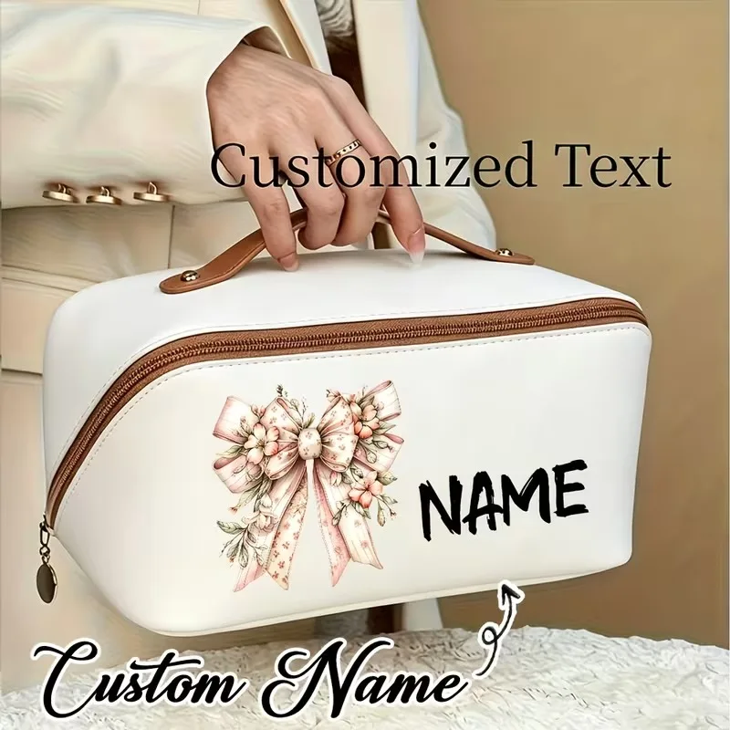 Personalized Custom Women' Makeup Bag - Elegant Bow Print Cosmetic, Suitable for Bridesmaid Gift, Bridal Shower Present