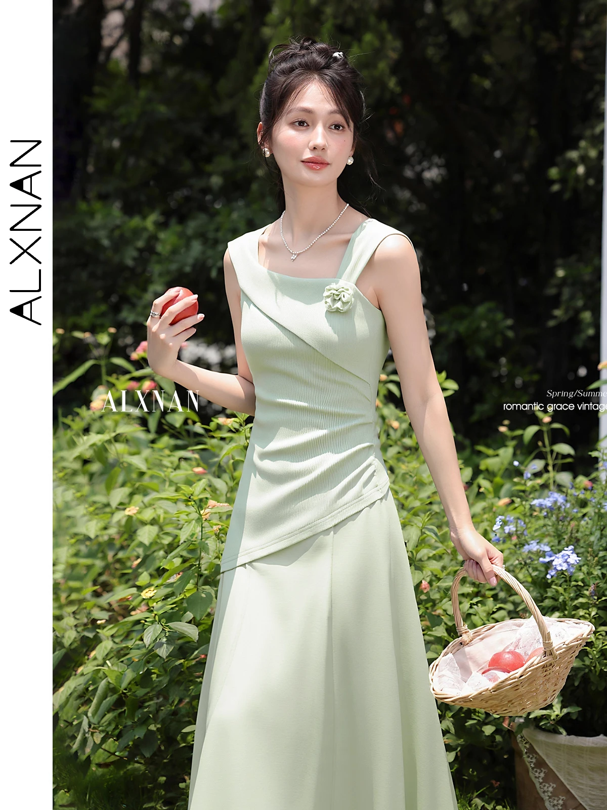 ALXNAN Damska Jasnozielona Sukienka Elegancka Kwadratowy Dekolt Wakacyjna Bez Rękawów Sukienka 2025 Lato Codzienna Impreza Odzież Damska DYL661765