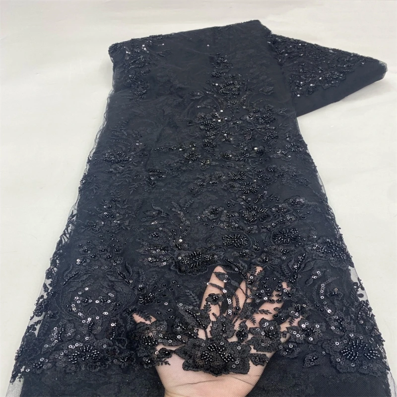 Pink African Hand Embroidery Sequins Lace Fabric, French Tulle Nigerian Groom Beaded Lace for Wedding Evening Party Gown Sewing 6
