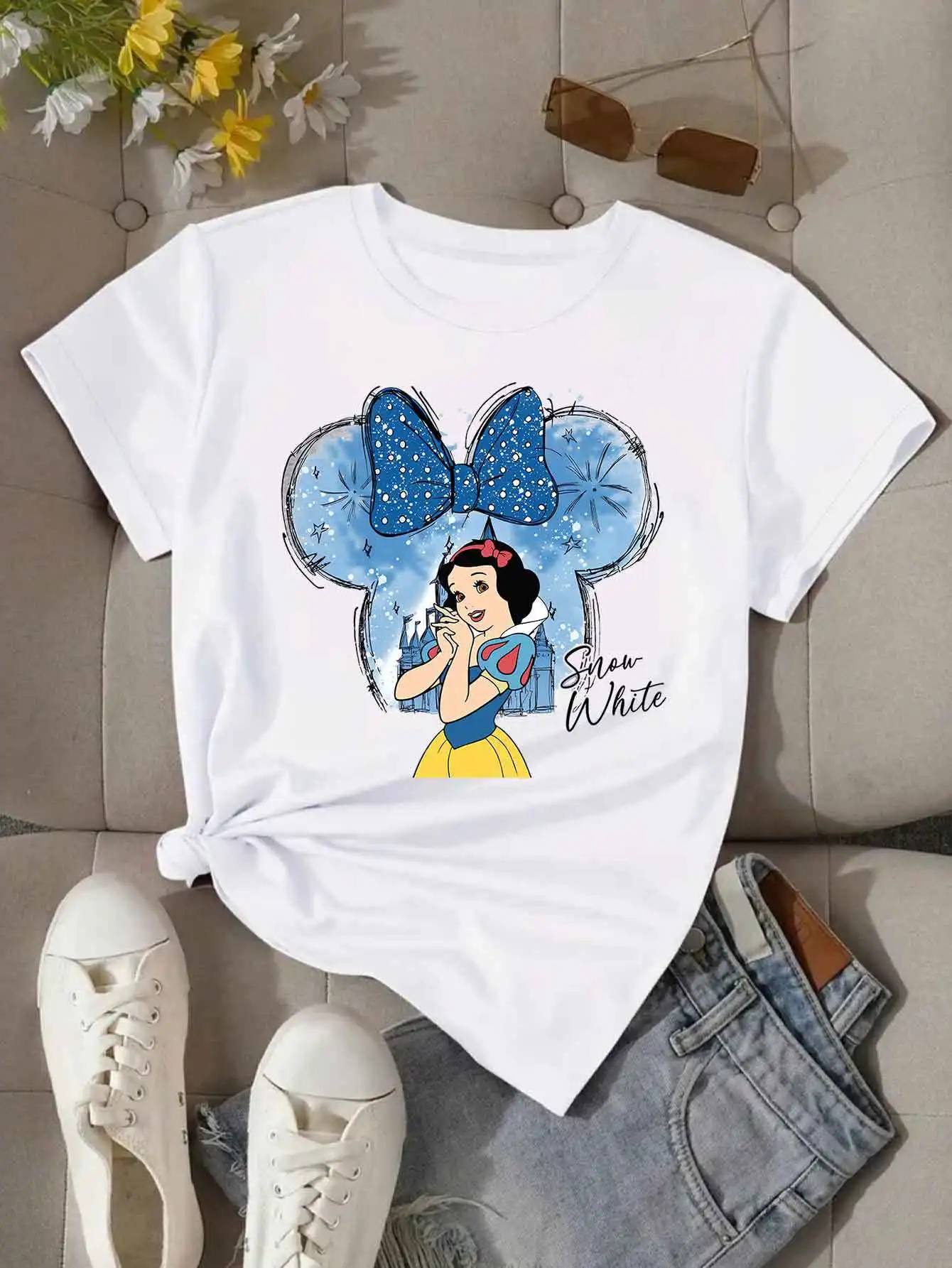 

Disney Princess Cartoon Graphic Printing Summer Autumn Winter Cotton Men's and Women's T-Shirts Short Sleeves Luxury Outdoor