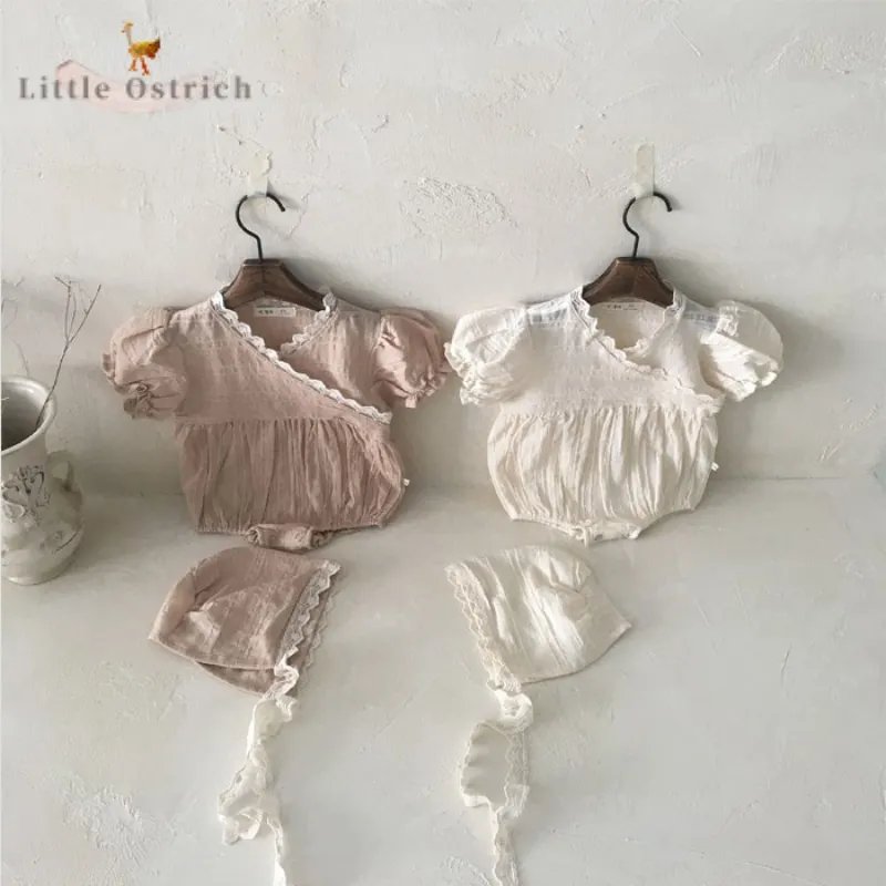 Newborn Baby Girl Cotton Lace Princess Romper Infant Toddler Child Short Puff Sleeve Jumpsuit Casual Pullover Baby Clothes 3-18M