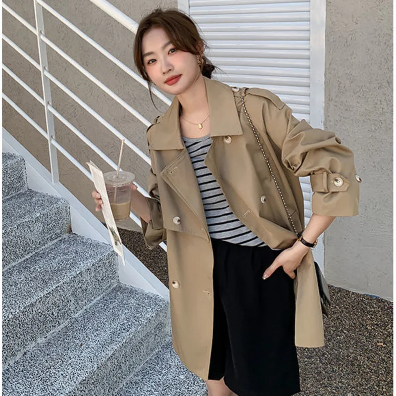 British Style Trench Coat For Women Spring Autumn Lapel Long Khaki Overcoat Casual Long Sleeve Waistband Windbreaker Female