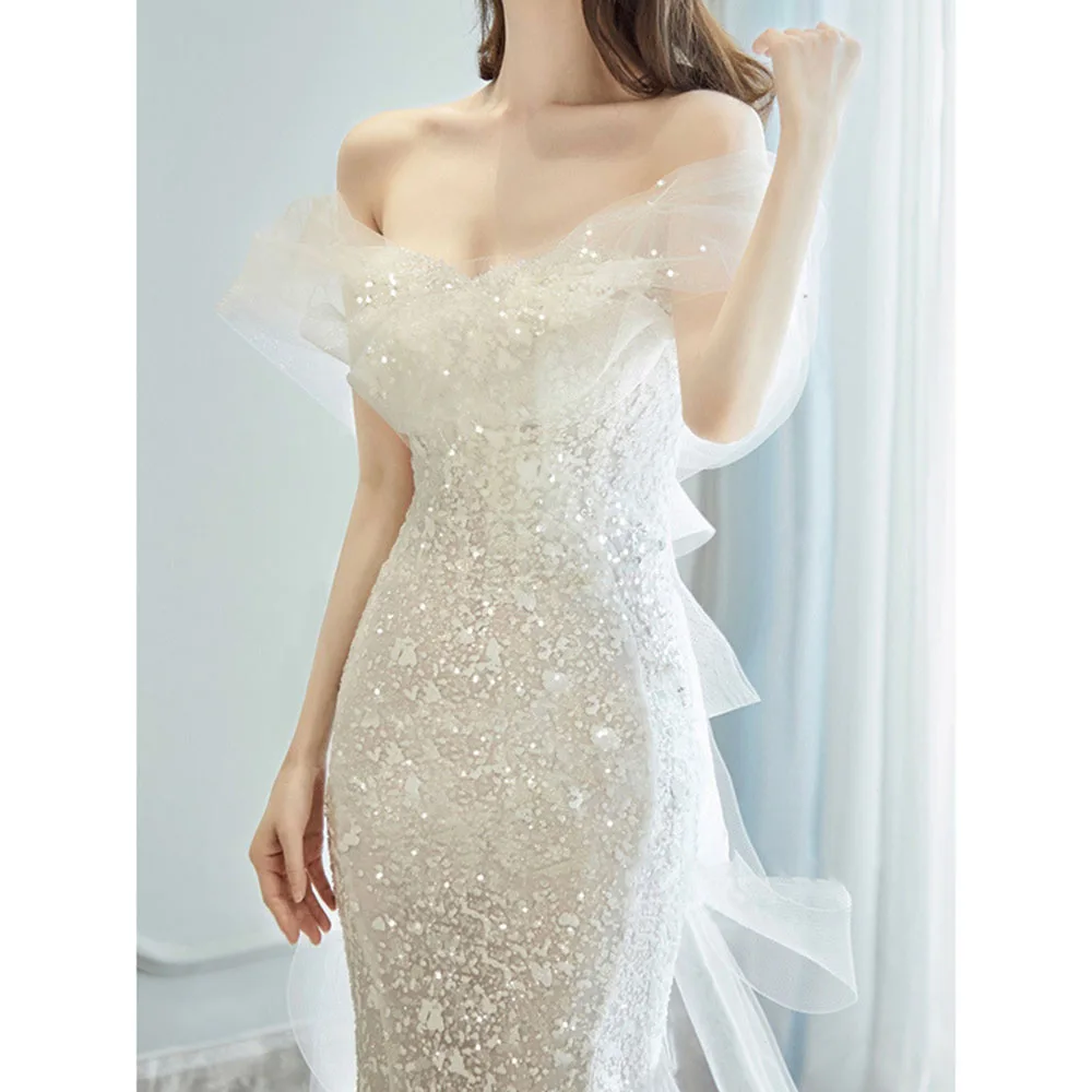 Elegant Solid White Wedding Dress 2024 New Women's Classical Tulle Off The Shoulder Backless Floor Length Tencel Fabric Vestido