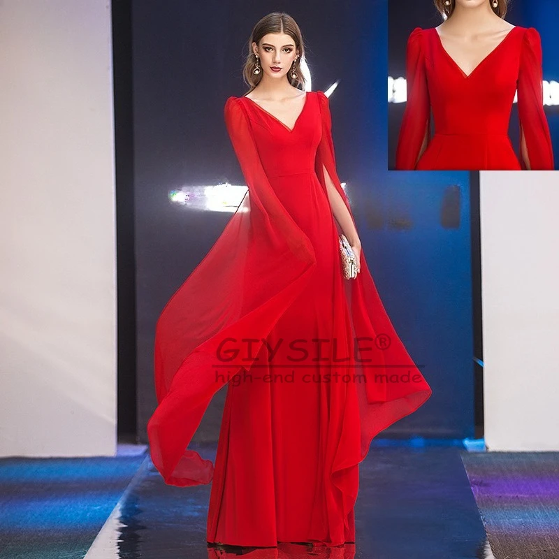 GIYSILE personnalisé Sexy robes de bal col en v parole longueur robes de bal sirène fermeture éclair dos robe de soirée avec manches longues vestidos