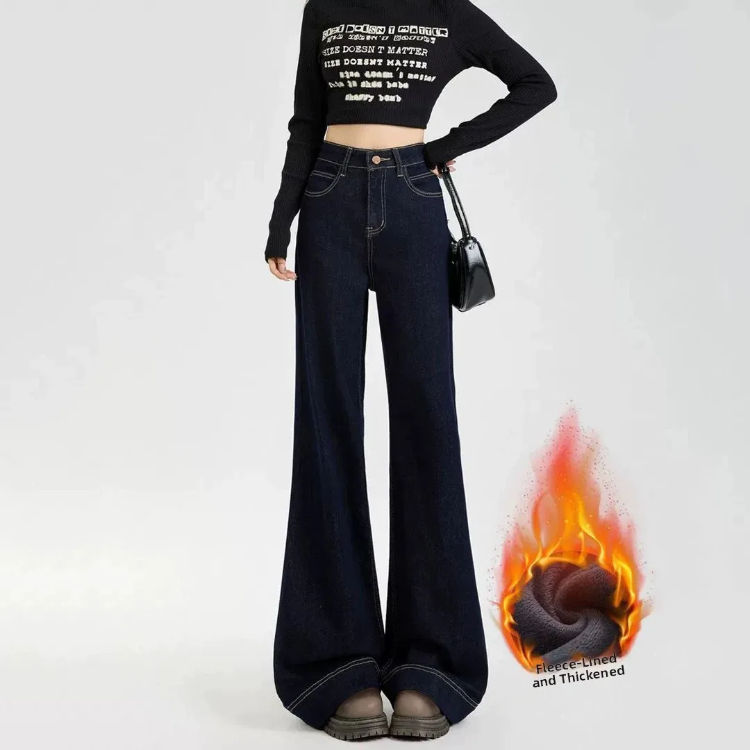 Women's Fleece Lined Bell Bottom Jeans High Waist Zipper Closure Cotton Stretch Denim Warm Autumn Winter Slimming  Hoof ...