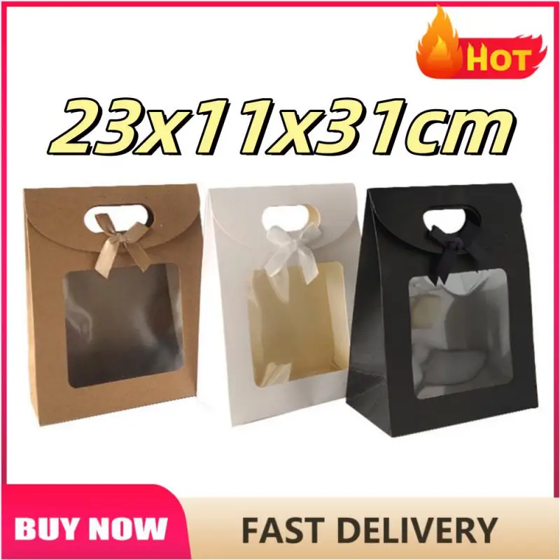 Candy Kraft Paper Gift Bag With Clear Window Gift Bags 23x11x31cm Handle Biscuits Cake Packing Box Eid Mubarak Christmas Party