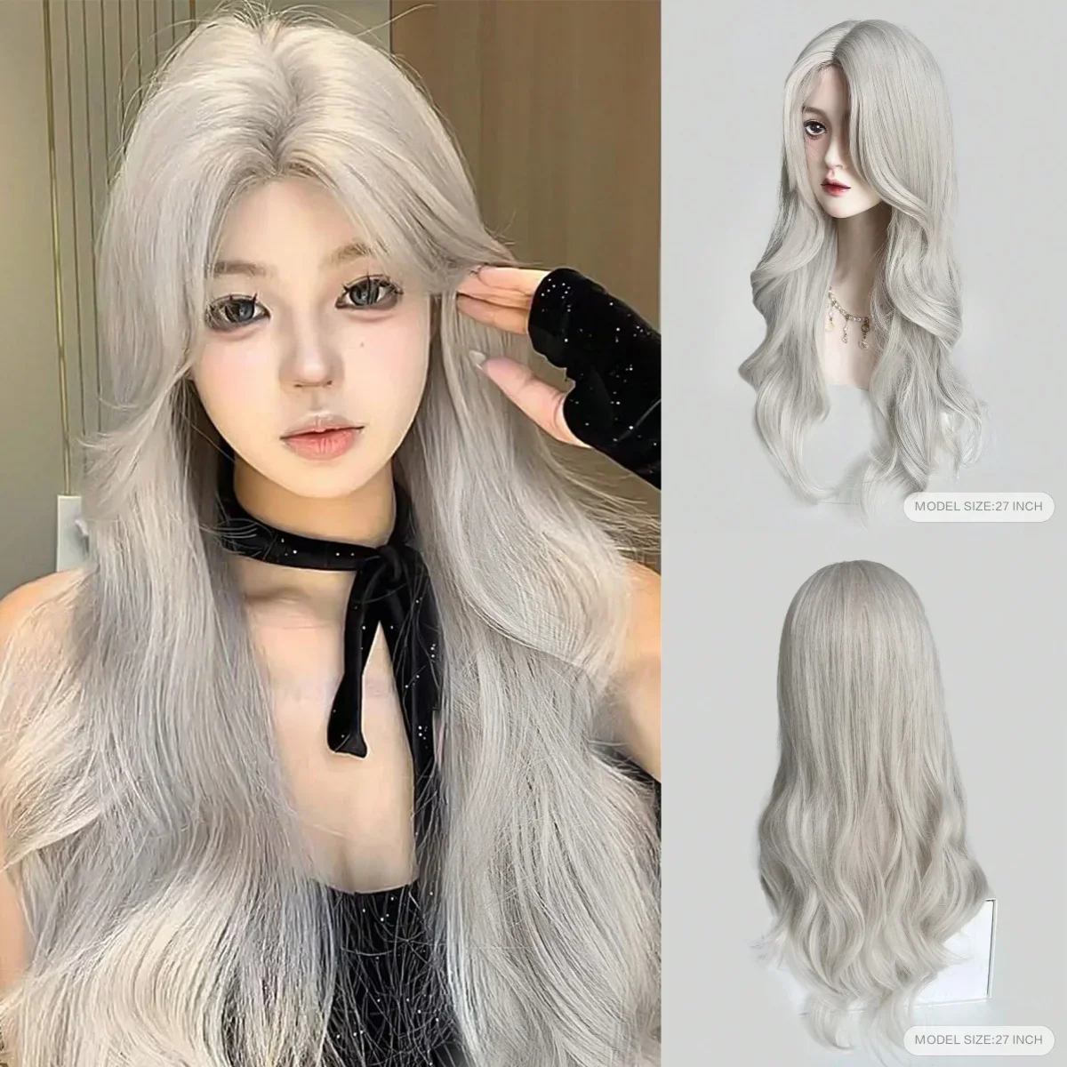 

Gray Wig Lace Front Wig Sliver Mid Split Long Curly Hair Big Wave Women's Hand Hook Lolita Internet Famous Pelucas Synthetic Wig