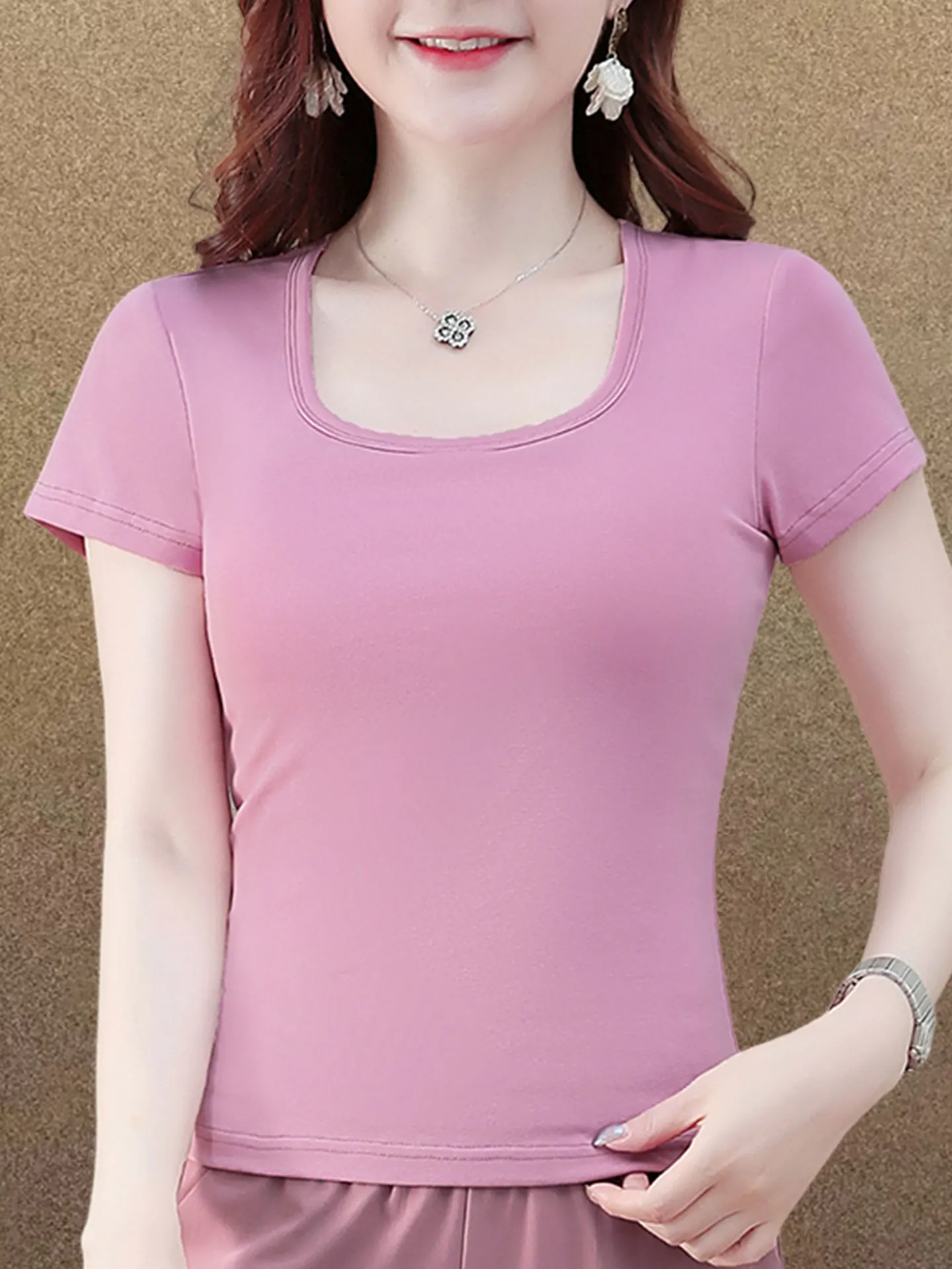 

Pure Cotton ort Sve T-irt Women's plus Size with Chest Pad Inteated Square Ne Versatile oulder Base irt Top