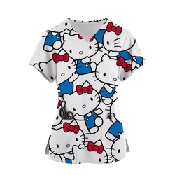 2024 Kawaii Nurse Uniform Scrubs Womens Cartoon Hello Kitty Print Short Sleeve Pocket Overalls Uniforms Medical Nursing Blouse