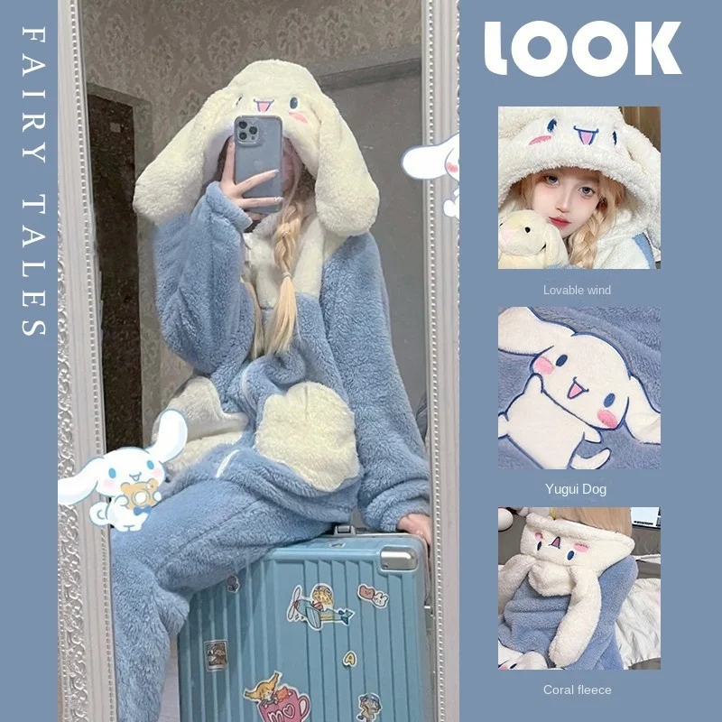 

Зимняя одежда для сна Cinnamoroll, модный пижамный комплект Sanrios с героями мультфильмов, утолщенная фланелевая теплая студенческая домашняя одежда, длинный халат, ночная рубашка
