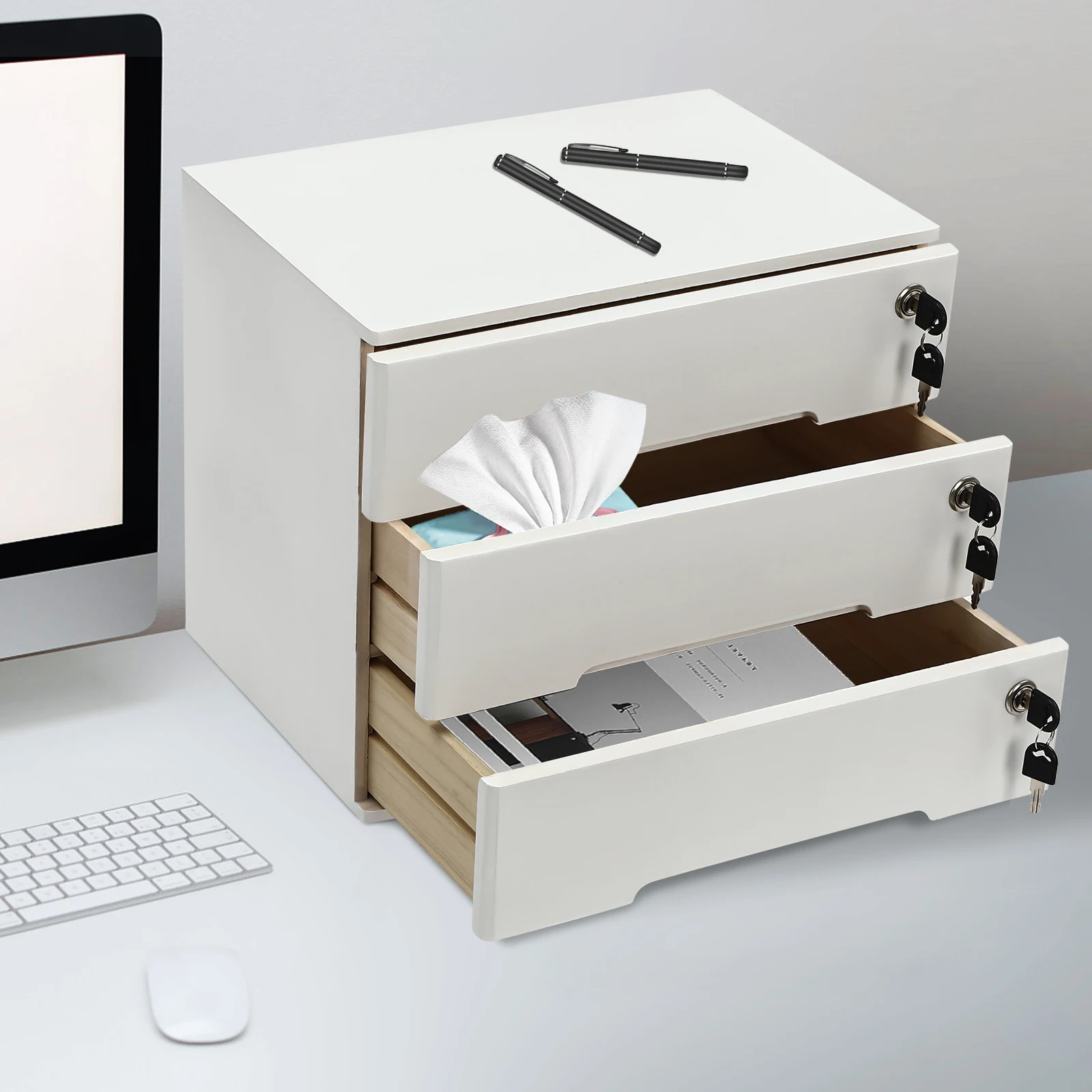 

3-Tier Wooden Desktop Organizer with Locking Drawers & Compact File Cabinet for Home Office - Wooden File Cabinet for Desk Top