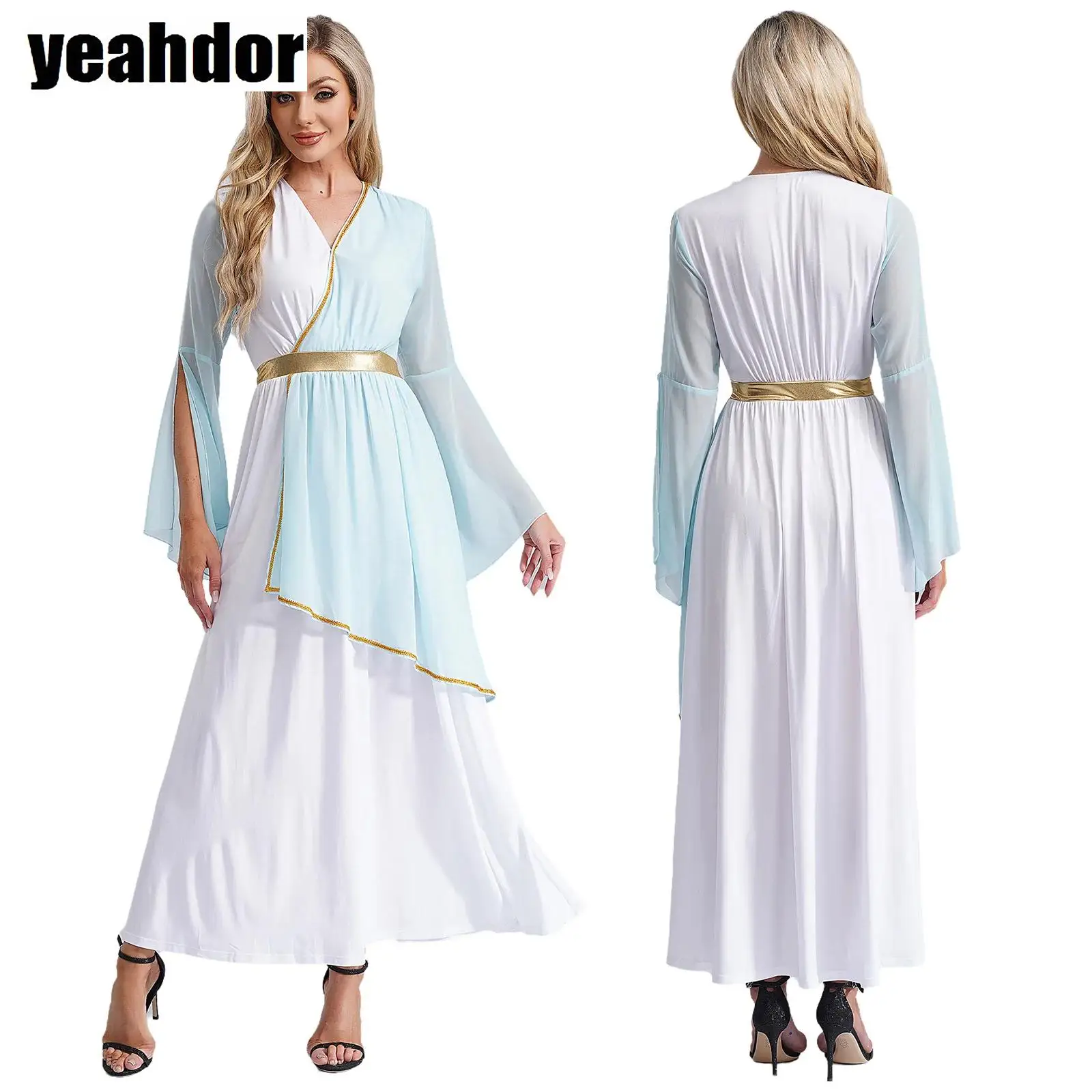 

Women Ancient Greek Cosplay Costume Roman Queen Princess Toga Gown V Neck Long Sleeve Gold Trims Toga Dresses Halloween Dress Up