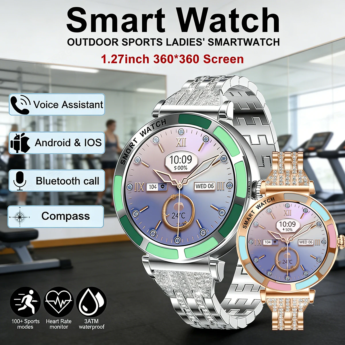 

Luxury Diamond Smartwatch for Women HD Screen Bluetooth Call Fitness Health Tracker Android iOS Compatible Ladies Smart Watch