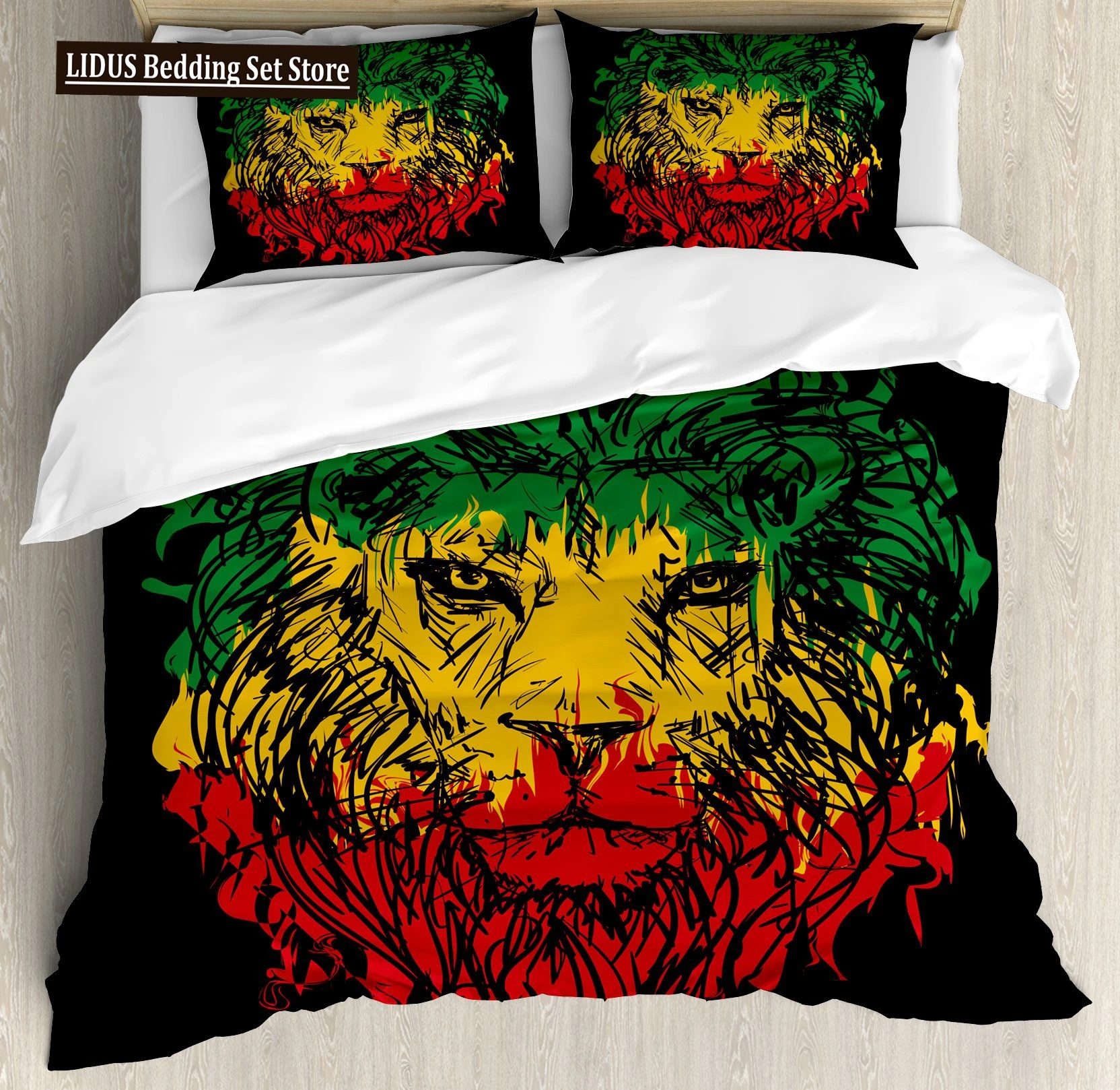 

Rasta Duvet Cover Set,Lion A Rastafari Flag Jungle Reggae Bedding Set Art Colorful Cultural Folkloric Print Comforter Cover Set