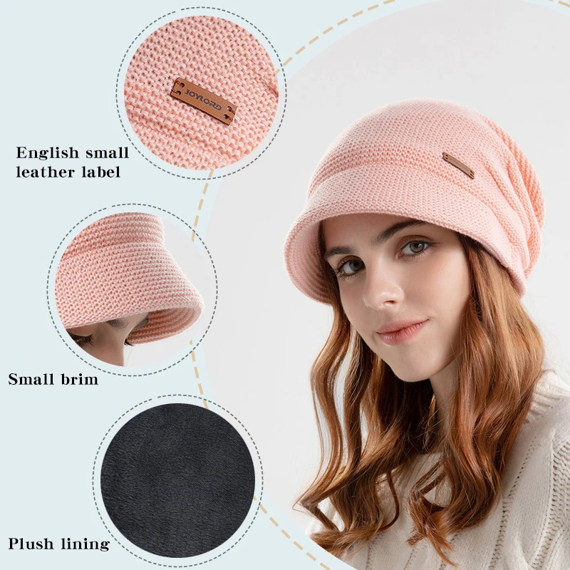 Winter Knitted Women Hat Plus Velvet Fleece Lined Beanie Thick Warm Baggy Cap With Visors Casual Lady Wide Brim Baseball Cap