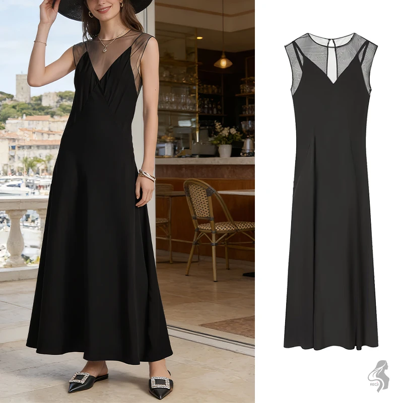 Abito midi da donna con pannello in rete nera - Abito da sera elegante senza maniche con scollo a V sul retro e buco della serratura