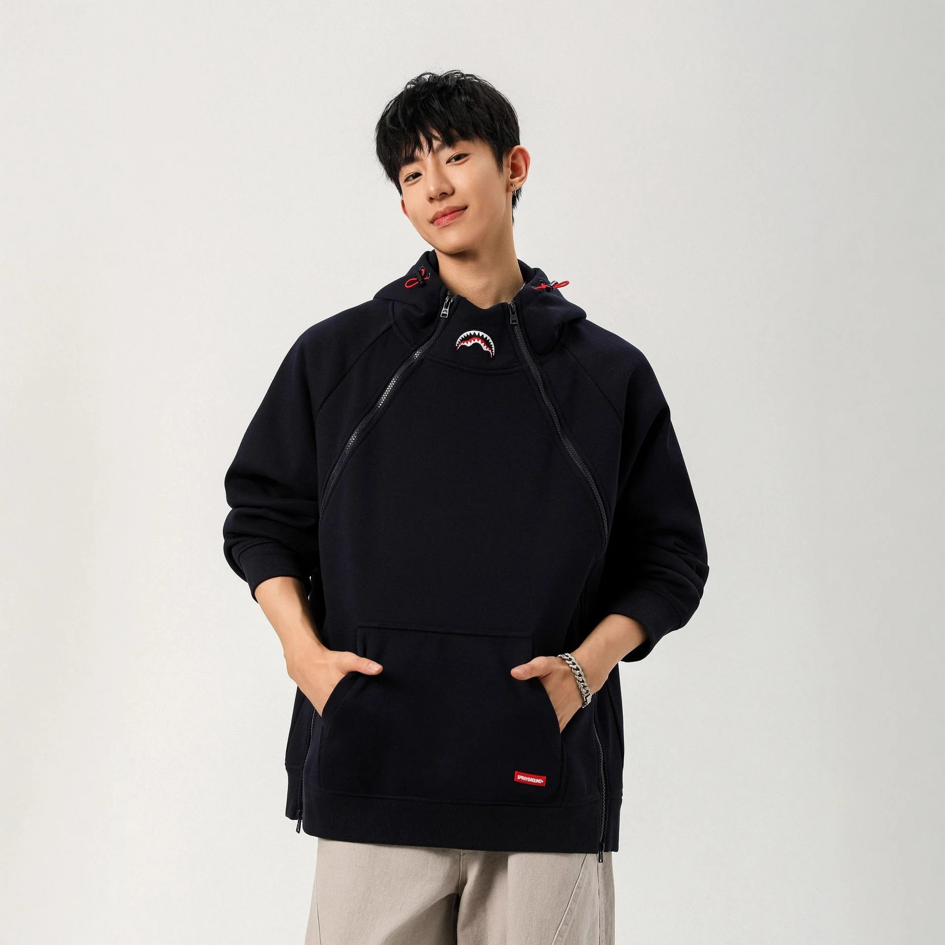 

2025 New Autumn Fashion Shark Mouth Embroidered Double Zipper Sweatshirt Men Street Hoodie Heavyweight American Cardigan Jacket