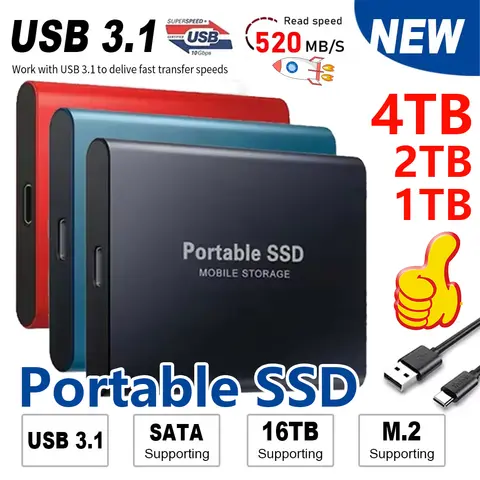 SSD portatile 1TB Disco rigido originale USB3.1 Disco rigido ad alta velocità Tipo-C Disco solido 2TB 4TB SSD esterno per telefono/Loptop/Mac/PC