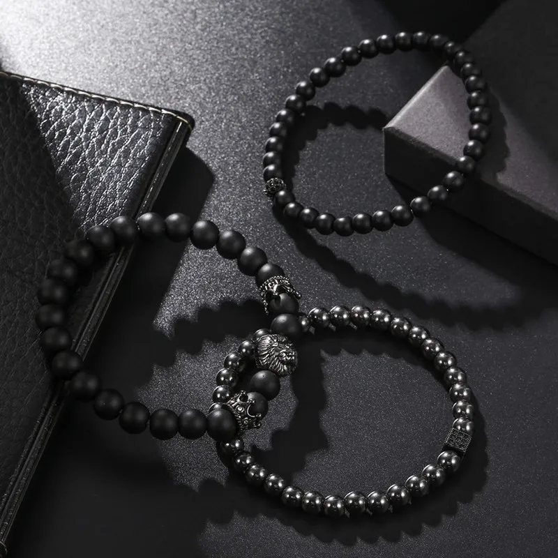 Retro Black Frosted Beaded Bracelet Set with Zircon Crown, Ball, Dice & Lion Head Beads - European American Fashion Jewelry