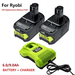 With charger 6.0Ah 18V Replacement Battery for Ryobi 18V Lithium Battery for P108 P102 P103 P104 P105 P109 ONE+ Cordless Tool