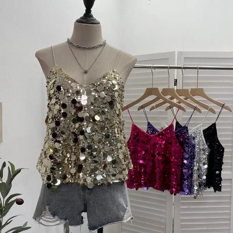 

Spice Girls Sexy Nightclub Bling Sparkling Sequins V-neck Sling Vest Sleeveless Top
