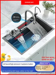 Display digitale Fly Rain Cascata Grande lavello singolo Lavabo multifunzionale in rilievo a mano per uso domestico in acciaio inossidabile 304