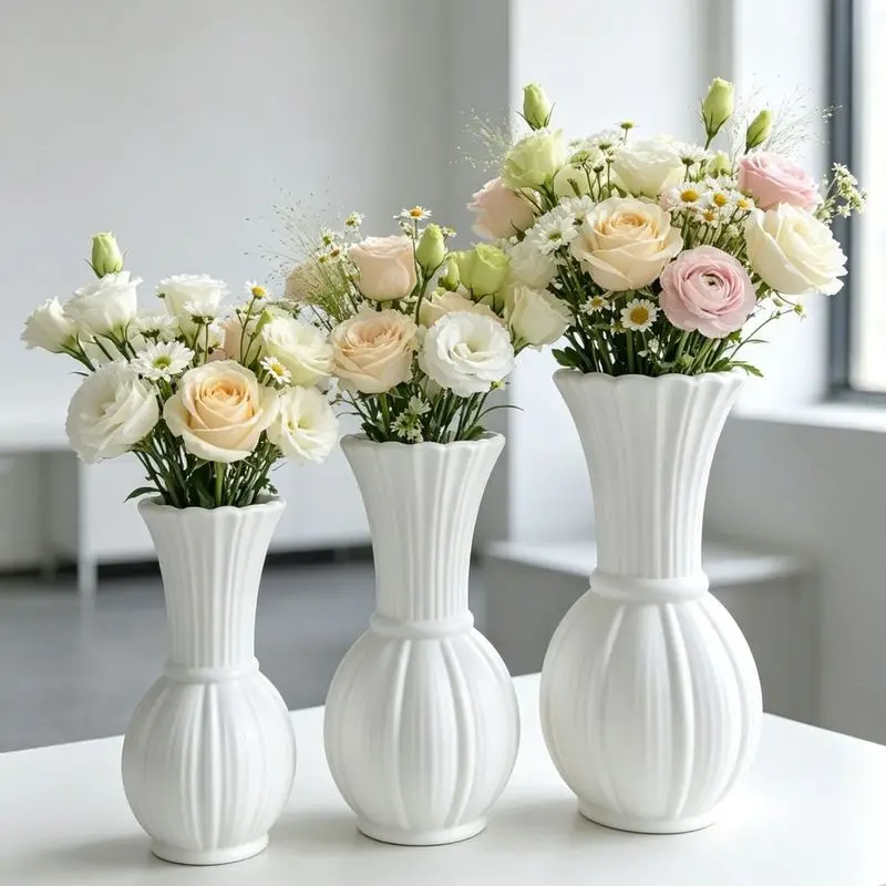 French Vintage White Plastic Vase, Elegant Tabletop Decor Vase for Water Planting Flower Arrangement, Living Room Dining Table