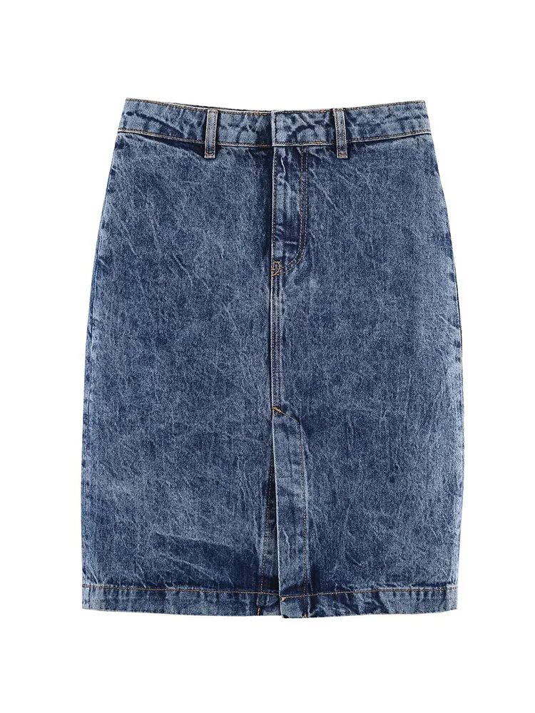 

HH Women Spring Fashion Versatile Hem Slit Denim Midi Skirt Female High Street Casual Zipper Pocket Decoration Knee-length Skirt
