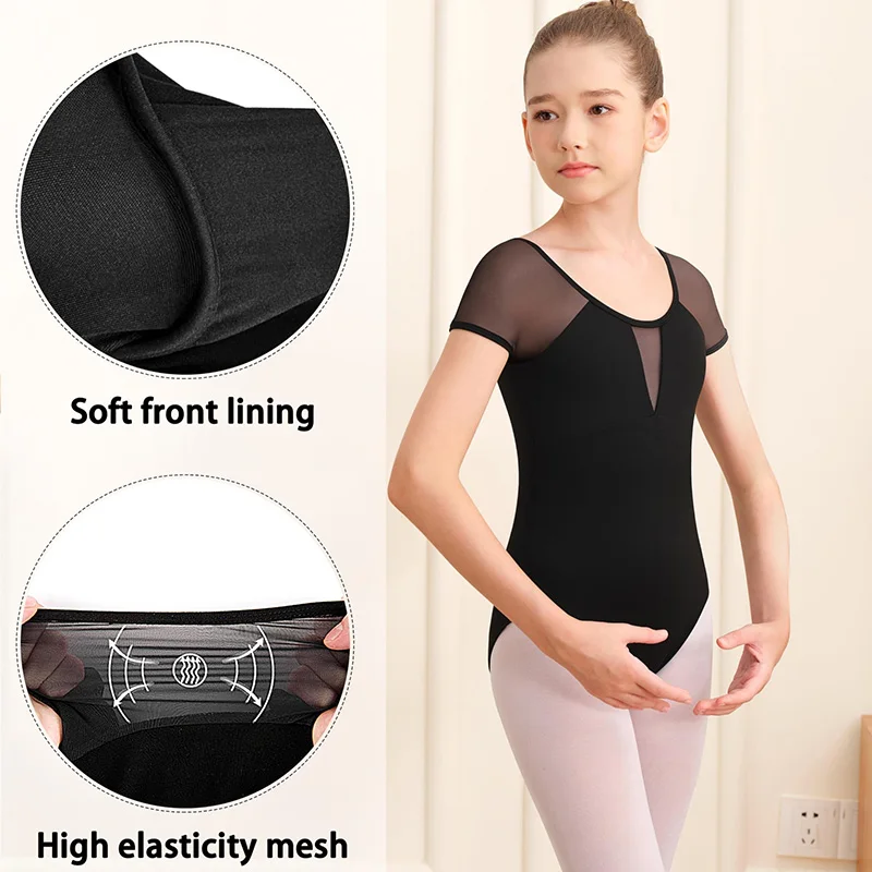 Girls Mesh Short Sleeve Ballet Dance Leotards for kids Gymnastics Dance Tops with V-shape Mesh Front and Soft Lining Dancewear