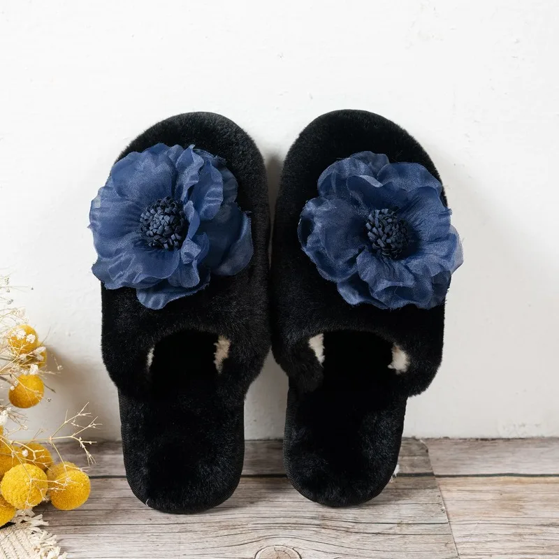 Zapatillas Baotou a la moda para mujer, zapatos planos antideslizantes y resistentes al desgaste con flores de ante y cabeza redonda para invierno