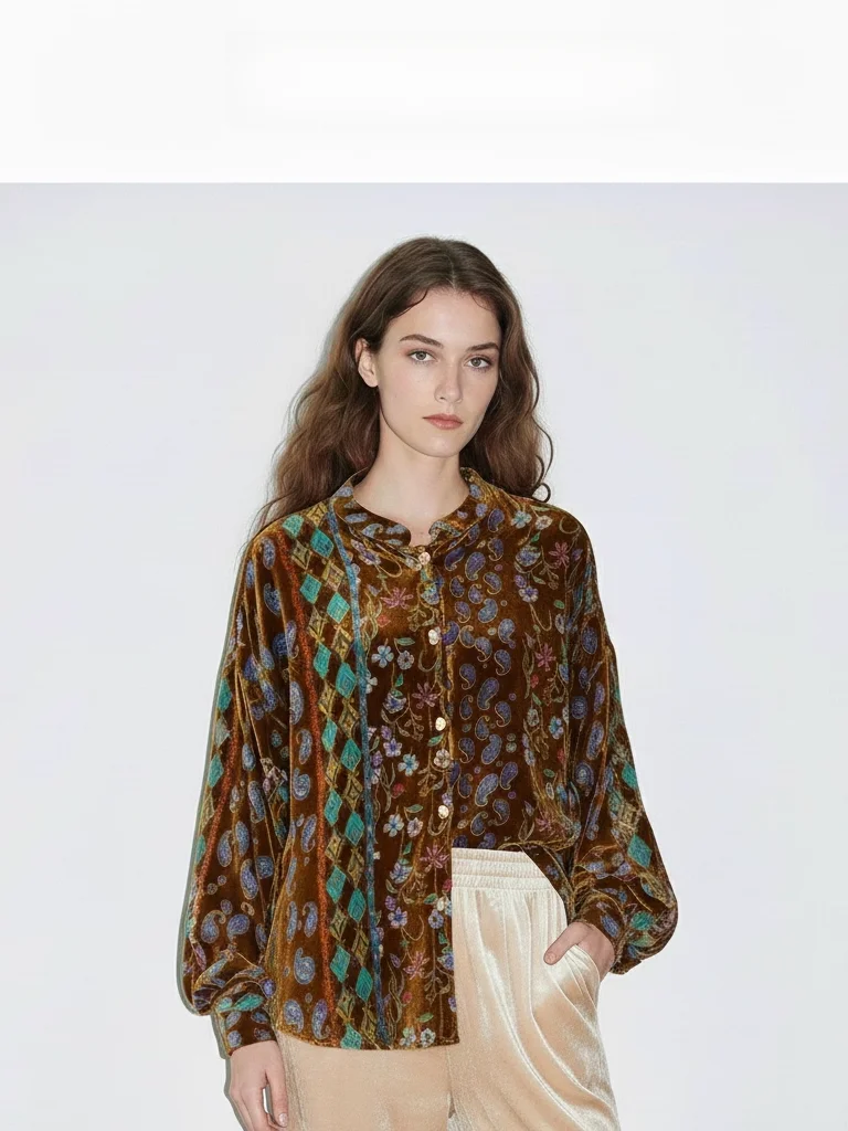 

Осенне-зимнее китайское бархатное пальто с цветочным принтом для женщин, с длинными рукавами, отложным воротником и одной пуговицей, ACOUSOTG, модная женская одежда